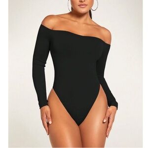 Black Off Shoulder Bodysuit Long Sleeves Slim